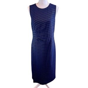 SHOSHANNA Blue Gold Sheath Dress Sz 10 Ruched Office Career Job Interview Luxury